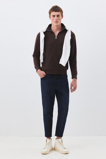 Trendiz Men's Standard Fit Cotton Thessaloniki Fabric Half Zipper Stand Collar Sweatshirt Brown