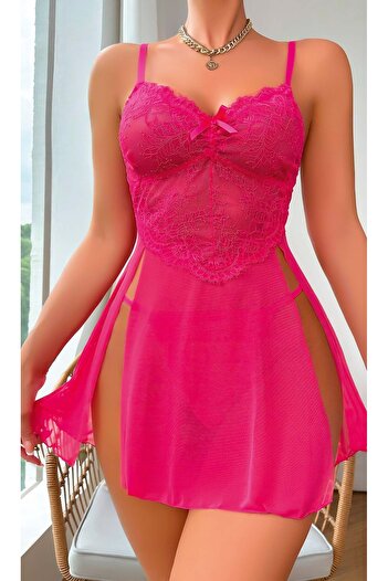 DOSESA Fuchsia Lace Detailed Bow Decorated Stylish Nightgown