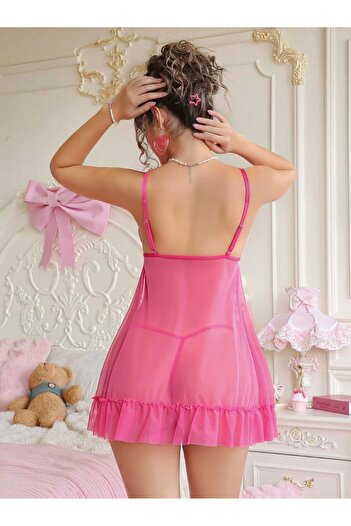 DOSESA Pink Lace Detailed Bow Decorated Flowy Transparent Chiffon Nightgown