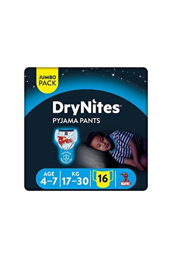 Huggies DryNites Pyjama Pants, 4-7 years, Bed Wetting Diaper, Boys, 17-30 kg, Value Pack, 16 Pants