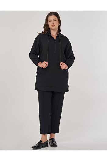 Kayra High Collar Ribbed Sweatshirt Black