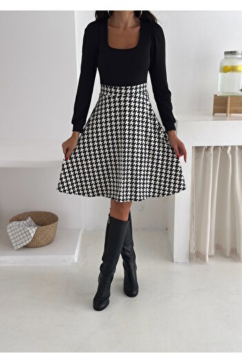 MaxiMor Women's Black Color Square Neck Long Sleeve Skirt Micro Fabric Kilos Dress