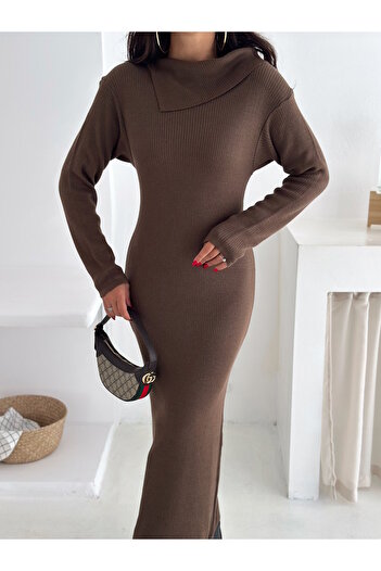 MaxiMor Women's Camel Color Turn-Down Collar Long Sleeve Knitwear Hijab Suitable Height 135 cm Long Dress