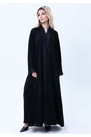 Msquare Fashion Black Abaya with Blue & Black Lace Detailing With Headscarf
