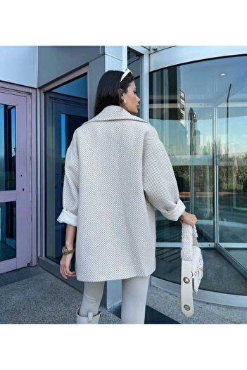 ECK MODA Γυναικείο παλτό με σχέδιο με επένδυση και τσέπες Oversize Cashmere