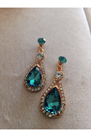 Pervin Ablacım Gold Dangling Earrings with Turquoise Colored Drop Stones
