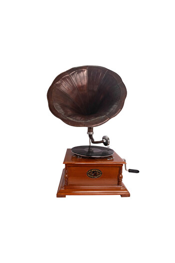Zen Gramofon autentic cu carcasă din lemn și pâlnie alama, H. 66 cm, lucrat manual, Cadou exceptional