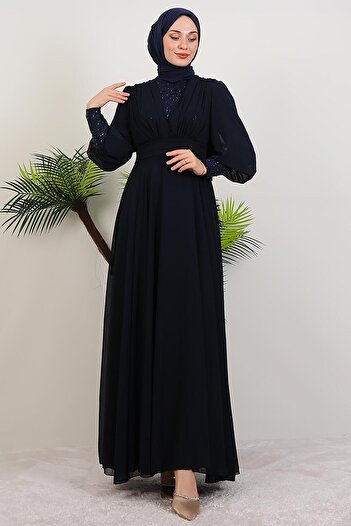 GİYZAMİLA Roza Detail Chiffon Dress Navy Blue
