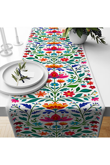 Else Dekor Colorful Flowers Vintage Patterned Digital Printing Washable Decorative Runner 40X140Cm