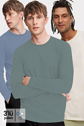 CHEISU Men's 3-Pack Light Indigo Green Ecru Basic Crew Neck Long Sleeve T-Shirt 100% Cotton Sweatshirt