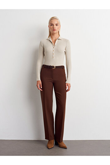 Dilvin 72172 Mid-Waist Fabric Trousers-Brown
