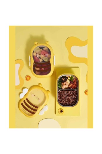 Flippy Lunch Box, Flippy, Made of PP and Stainless Steel, Bee Model, 2 Compartments, 301-500 ml, Yellow