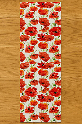 Else Dekor Red Poppy Flower Patterned Digital Printing Washable Decorative Runner 40X140Cm