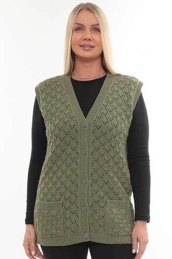 İKSUN Women's V-Neck Thick Wool Baklava Model Knitwear Buttoned Pocketed Winter Mother's Vest