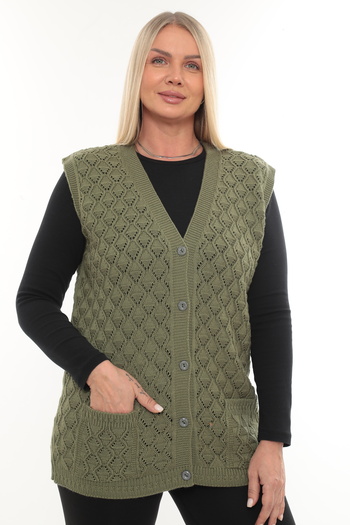 İKSUN Women's V-Neck Thick Wool Baklava Model Knitwear Buttoned Pocketed Winter Mother's Vest