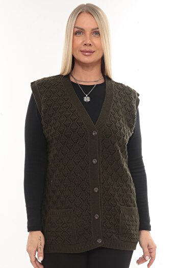 İKSUN Women's V-Neck Thick Wool Baklava Model Knitwear Buttoned Pocketed Winter Mother's Vest