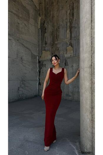 Modafeminen Flowers Stretch Fabric Shoulder Wide Straps Pleated Detail Evening Dress 583269 Red