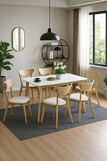 ESMART 7-Piece Dining Set | Solid White Wood Table 140x80x75cm with 6 White Chairs Soft Padded Seats