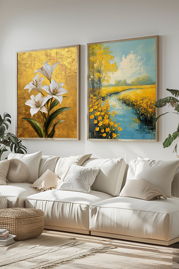 STARYUNA Wooden Framed Golden Background Lily Creek Landscape Oil Painting Effect Double Painting Set Yuna415
