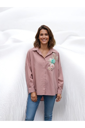 NEWCO Chest Flower Embroidered Cotton Dusty Rose Long Shirt