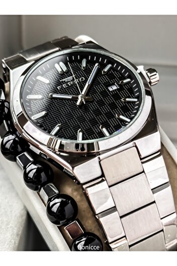 FERRO Men's Wristwatch, Silver Black Steel Band, Simple Stylish Model with Calendar, Double Bracelet