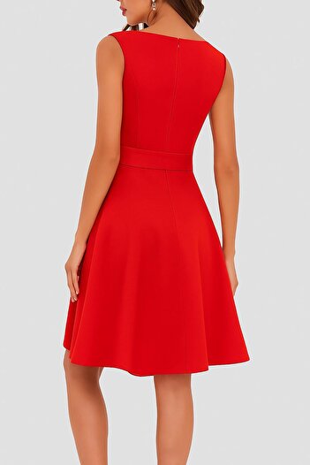 Deafox Red Women's Thick Strap Round Neck Belted Pleated Crepe Fabric Dress