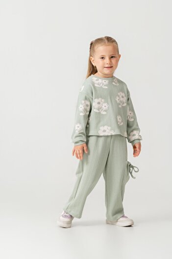 Magu Girl's Cotton Green Floral Patterned Suit – Lace-Up Trousers