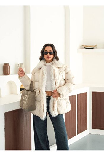 manana fashion Cream Fur Collar Belted Puffer Coat