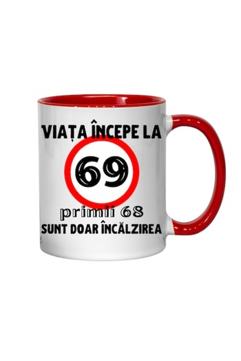 T&M Personalizare Personalized Mug - Life begins at 69 years, red interior, 330 ml