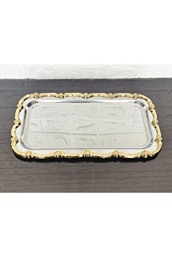 atabey home TEKLİ SUNUM TEPSİSİ & BATON PASTA SERVİSİ ÇELİK TEPSİ DÖKÜM GOLD ÇERÇEVE 32 CM