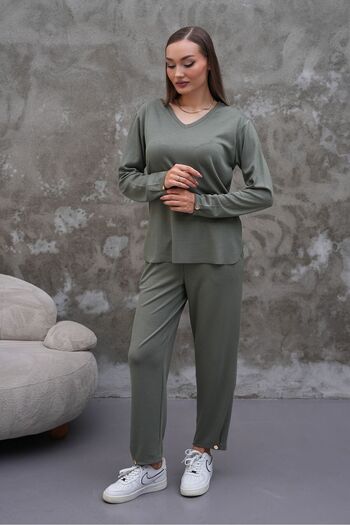 AGORATEKSTİL Women's Crystal Fabric V-Neck Bottom Top Set Blouse-Pants