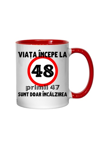 T&M Personalizare Personalized Mug - Life begins at 48, red interior, 330 ml