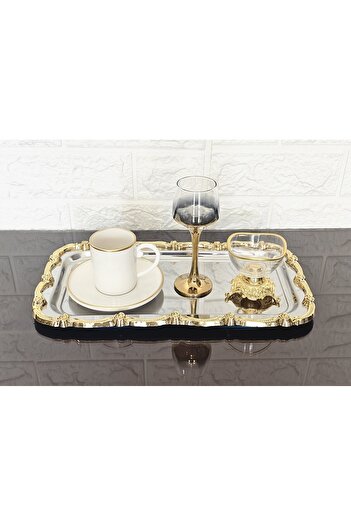 atabey home 2'Lİ SUNUM TEPSİSİ & BATON PASTA SERVİSİ ÇELİK TEPSİ DÖKÜM GOLD ÇERÇEVE 32 CM