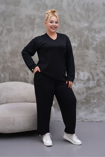 AGORATEKSTİL Women's Crystal Fabric V-Neck Plus Size Bottom Top Set Blouse-Pants
