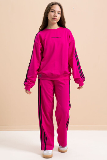 Cansın Mini Fuchsia Wide Leg Girls' Tracksuit Set with Side Stripes 21300