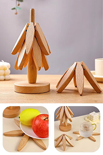 Home Verano 4-Piece Bamboo Tree Trivet Set with Stand, Folding, Heat Resistant, 20 cm