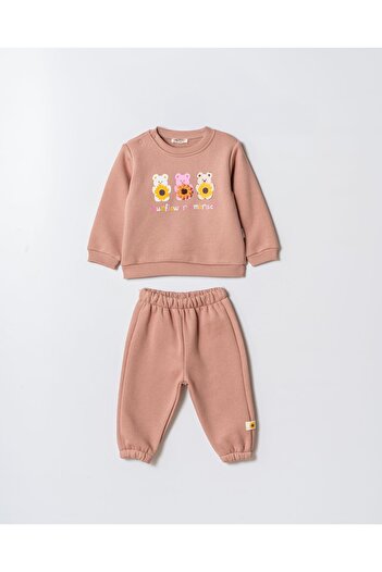 Magu Girl's Cotton Powder Teddy Bear Printed Sweatshirt and Sweatpants Set