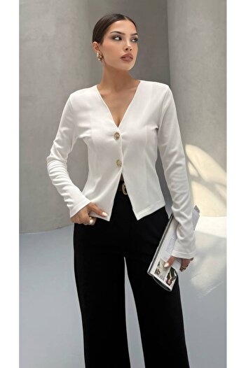 MY DEPO Women's V-Neck Buttoned Cardigan Blouse