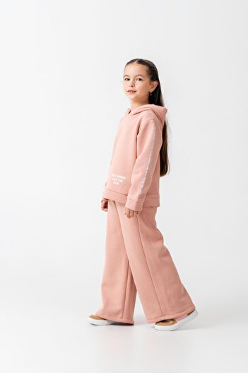 Magu Girls' Cotton Powder-Colored Hooded Sweatshirt and Wide-Leg Sweatpants Set
