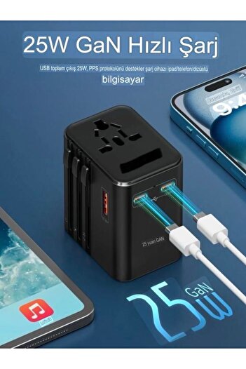 DEANB 200+ÜLKE 25W Global Seyahat Şarj Aleti - 2 Usb-A, 3 Type-C, 1 Ac Priz Adaptörü Çoğaltıcı