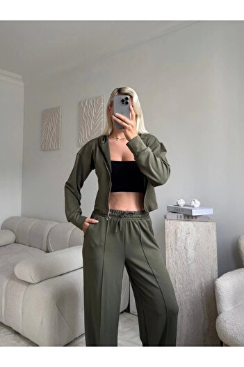 Zora Butik Crop Hırka & Çimalı Pantolon Takım - HAKİ
