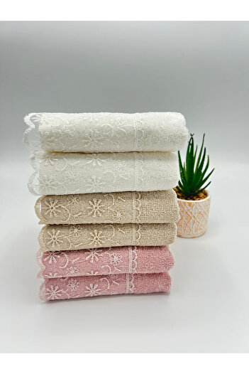 LenaToptan Cream 6-Piece Guipure Lace 30X50 cm Kitchen Towel Set (Gift - Dowry - Present)
