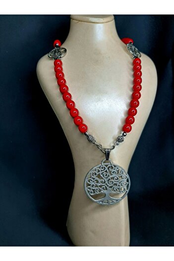 MRYart Red Glass Bead Necklace with Tree of Life Detail