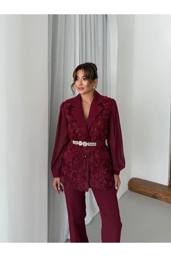 1Moda1Tarz Women's Imported Fabric Top with Rose Pattern Sleeves, Chiffon, Stone Belt Detail, Lined, Special Design Suit