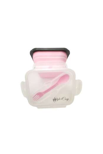 Style4Cosy Foldable Silicone Lunch Box Clip&Close with Spoon and Fork, Style4Cosy, 15 cm Length, Pink Petal