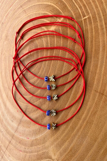 Shepidi 5-Piece Cut Bead Gold Figured Red String Lucky Bracelet