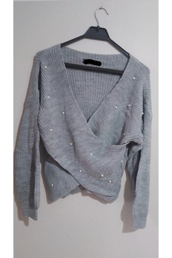 HepsitrentStore V-Neck Pearl Detailed Knitwear Fabric Long Sleeve Blouse