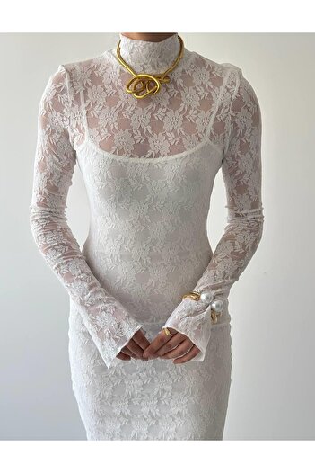 Julidress Λευκό φόρεμα με ψηλό γιακά με επένδυση Maxi Long Premium Lace
