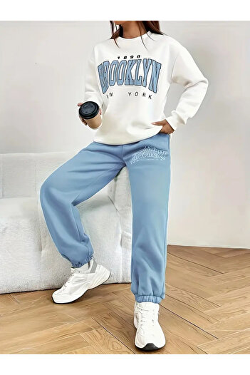 darkopia Unisex Brooklyn New York Printed Oversize 3 Thread Crew Neck Sweatshirt Tracksuit Set