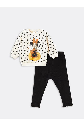 LC Waikiki Lcw Baby Black H12 Crew Neck Printed Baby Girl Sweatshirt and Leggings 2-Piece Set